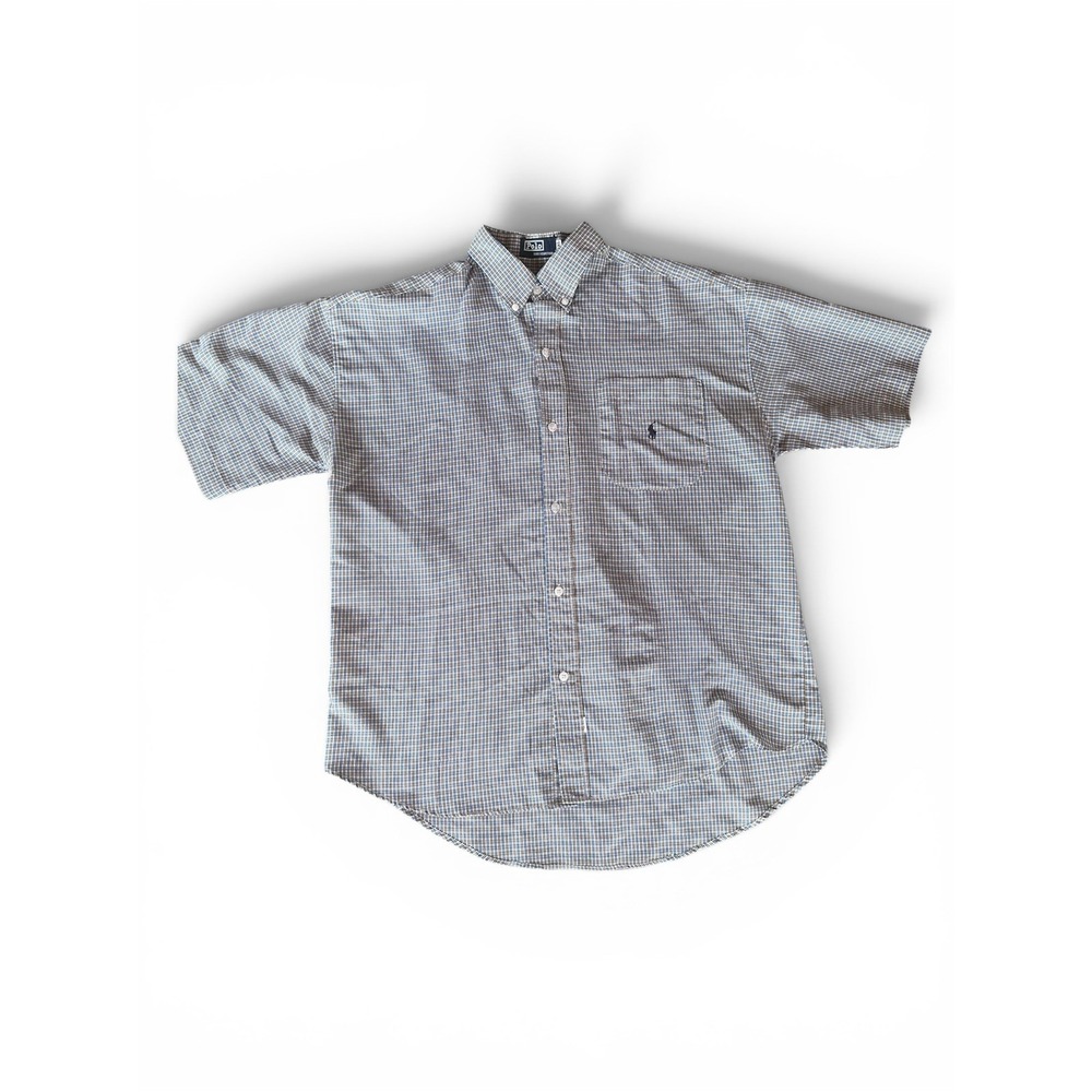 Polo Mens XL Big & Tall Plaid Short Sleeve Button-Down Shirt Blue Brown
